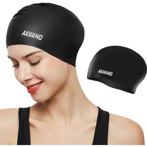 Aegend Swim Caps for Long Hair, Durable Silicone Swimming Caps for Women Men Adults Youths, Easy to Put On and Off, Waterproof Swim Hats Bathing Caps to Keep Hair Dry (1 Pack - Black)