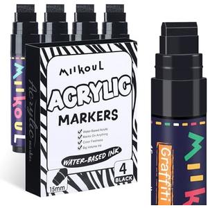miikoul 4 Pcs Jumbo Black Permanent Markers, Large 15mm Felt Tip Wide Thick Acrylic Paint Pens Graffiti Markers for Rock Painting, Glass, Ceramic, Posters, Canvas, Wood, Stone