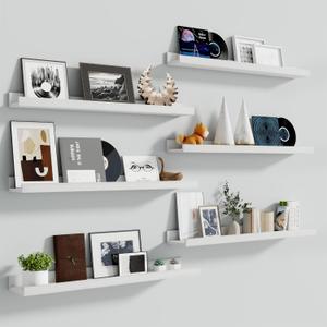 Fun Memories Picture Ledge Shelf, 36 Inch Long Floating Shelves Set of 6, Picture Shelf for Wall with Lip, Large Nursery Book Shelves for Storage, Wall Shelves for Living Room Bedroom Kitchen, White