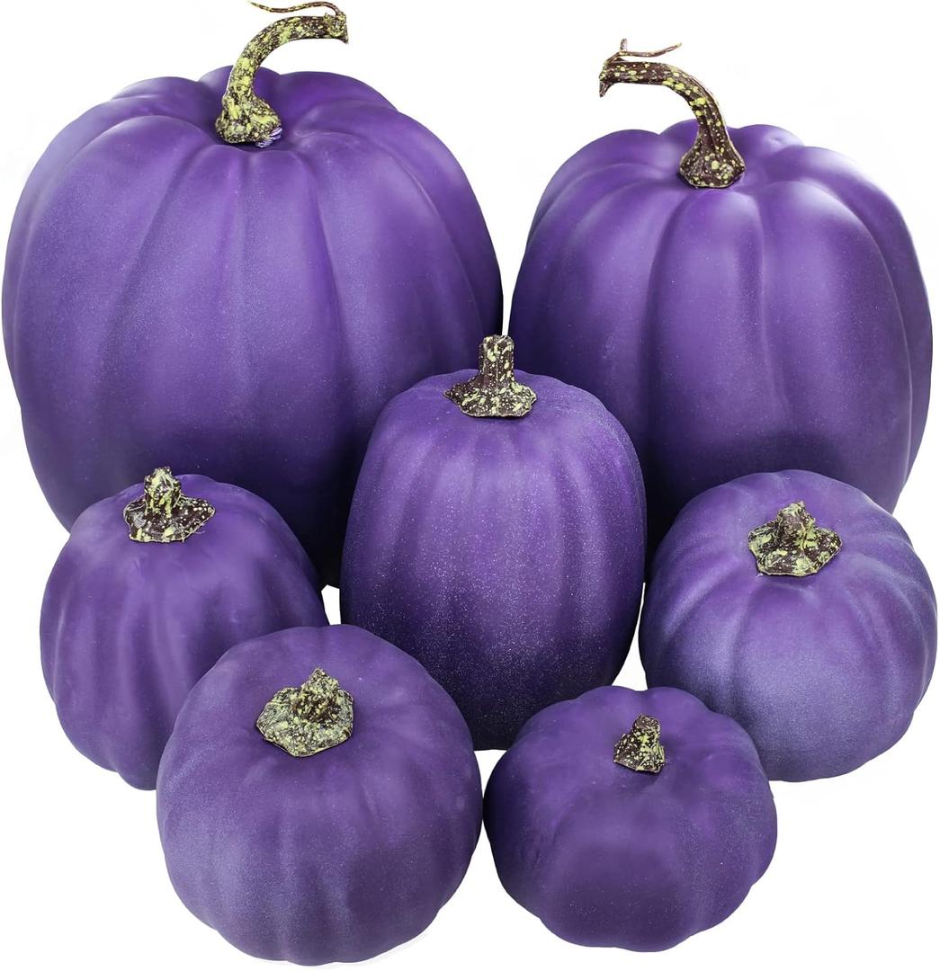 Winlyn 7 Pcs Assorted Sizes Purple Artificial Pumpkins and Gourds Decorative Halloween Pumpkins Foam Pumpkins for Gifts Chic Halloween Thanksgiving Fall Wedding Table Centerpiece Mantel Shelf Dcor