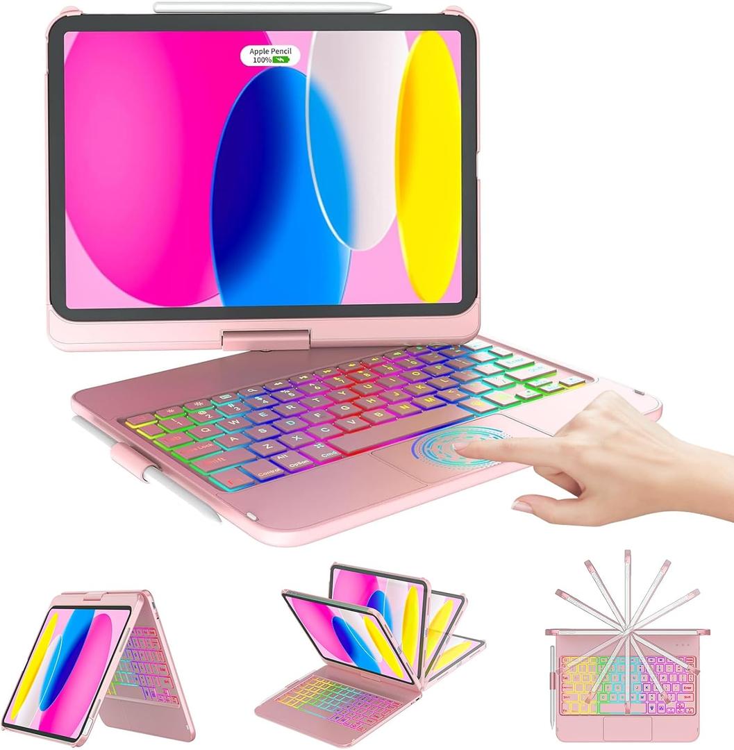 CC Store for iPad (A16) 11th 10th Generation Case with Keyboard - 7 Color Backlit 360 Swivel Multi-Touch Track Pencil Holde for iPad 11-inch A16 2025 10th Gen 10.9 Inch 2022(Rose Gold)