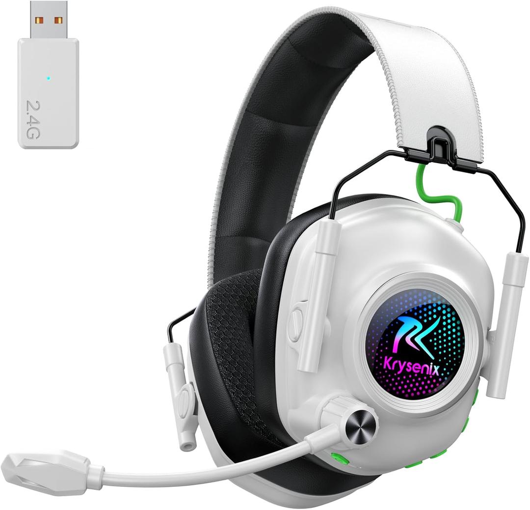 Wireless Gaming Headset with Noise Canceling Microphone for PC, PS5, PS4, Switch, Mac2.4 GHz Wireless & Bluetooth 5.4 Gaming Headphones, Cool RGB Lighting, 40Hr Battery, 50mm Drivers-White