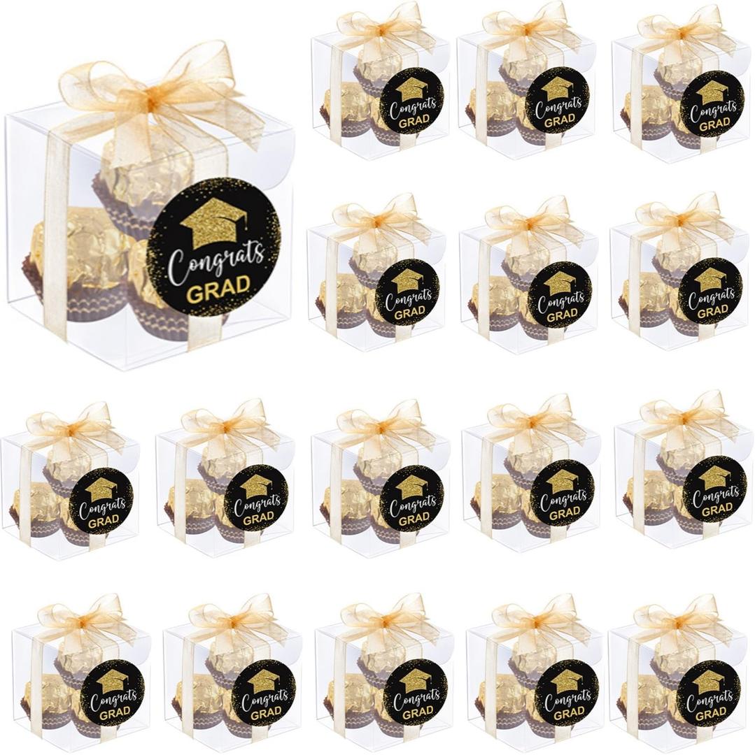 100 Set Graduation Clear Favor Boxes with Congrats Grad Labels Stickers 2 x 2 x 2 Inches Small Candy Containers Transparent Gift Boxes for Graduation Party Supply Candy Chocolate Macaron Packaging