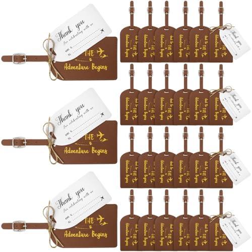 Sweetude 48Set Leather Luggage Tag Wedding Favor for Guest Bulk The Adventure Begin Luggage Tag with Name Card for Bridesmaid (Yellow Brown)