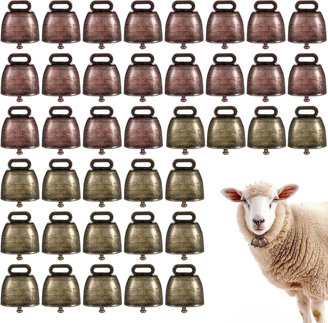 40 PCS Mini Cow Bells Bulk, Goat Bells for Collars, Antique Iron Metal Animal Copper Bell, Small Cowbell for Farm Pets Christmas Decor (20 Red Bronze, 20 Green Bronze)