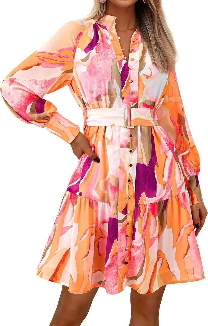 MASCOMODA Fall Dresses for Women 2024 Elegant Long Sleeve Button Short Floral Dress Chiffon A-Line Tie Waist Flowy Mini Dress(Orange Purple Flower, X-Large)