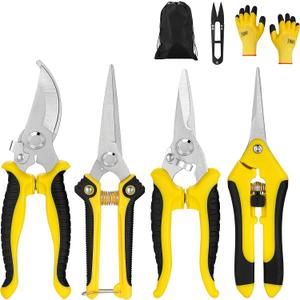 5 pack Garden Pruning Shears Stainless Steel Blades, Handheld Scissors Set with Gardening Gloves,Heavy Duty Garden Bypass Pruning Shears,Tree Trimmers Secateurs, Hand Pruner (Yellow and Black)
