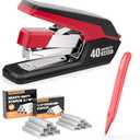 MARSROCK Effortless Stapler for Desk with 40-50 Sheet Capacity, 2000 Staples, 1-Touch Stapling, Ergonomic & Easy to Load Desktop Staplers, Heavy Duty Stapler, and Magnetic Staple Remover, Red