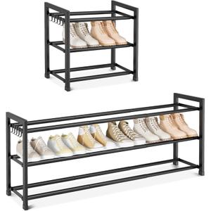 Expandable Shoe Rack - 18.5''- 47'' Adjustable Shoe Rack for Closet, 3 Tier Long Shoe Shelf Storage for 18 Pairs Shoe and Boot, Sturdy Metal Shoe Organizer for Entryway, Garage, Black