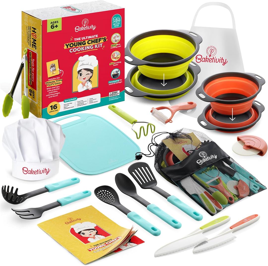 Baketivity Kids Cooking Set Real Utensils With Kitchen Tool Guide - Complete Junior Cooking Set Gift For Girls Or Boys With Mixing Bowls, Cutting Board, Knife, Apron - Kids Baking Set For Real Cooking