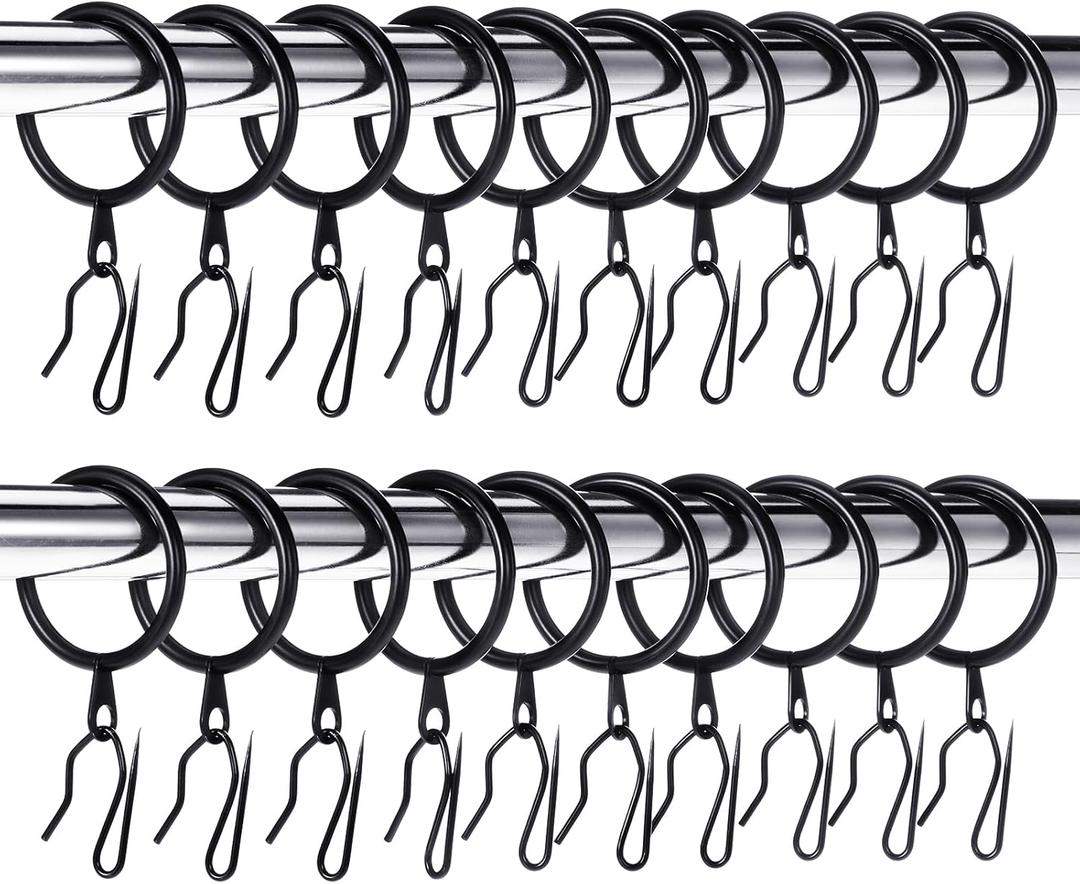 Hotop 60 Pieces 1.26 Inch Metal Drapery Curtain Rings Curtain Hanging Rings and 60 Pieces Metal Drapery Pin Hooks for Drapes Window Door Shower (Black)