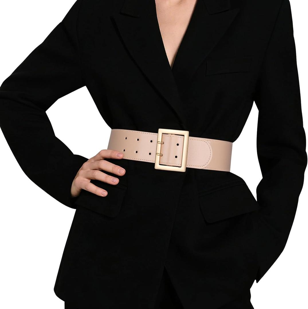 JASGOOD Women Wide Elastic Waist Belt for Dresses Fashion Gold Square Buckle Stretchy Leather Waistband for Ladies (Suit for size 32"-38", Beige)