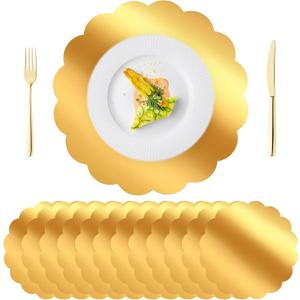 DI QIU REN 100 PCS Scalloped Gold Placemats, 13.5" Disposable Paper Placemat for Dining Table, Mirrored Gold Chargers Place Mats for Birthday Banquet, Disposable Placemats for Party Holiday Wedding
