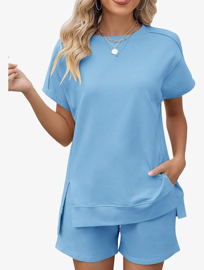 LOMON Womens Fashion 2 Piece Outfits Sweatsuits 2026 Summer Short Sleeve Loungewear Tracksuit Round Neck Lounge Shorts Sets, 2XL