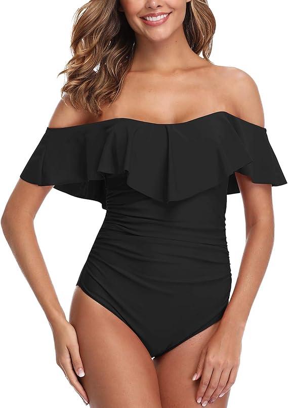 Womens Retro One Piece Bathing Suit Tummy Control Off Shoulder Swimsuit Flounce Ruffled Monokini Full Coverage L 