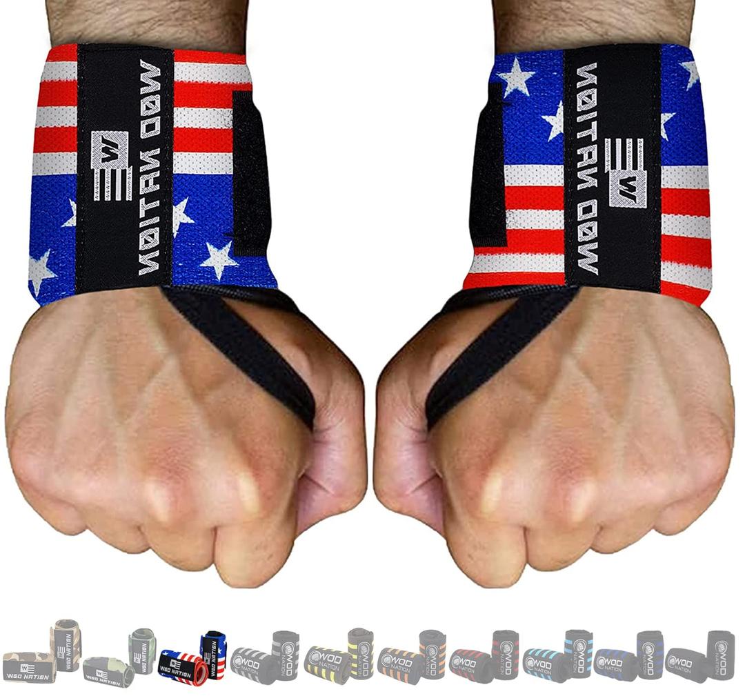 WOD Nation Wrist Wraps for Weightlifting, 18 Professional Gym Wrist Straps w/Thumb Loop, Wrist Wraps for Men & Women, Wrist Support Wraps for Strength Training, Powerlifting & Bodybuilding (Flag)