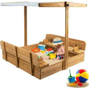 Wooden Sandbox with Lid, Kids Sandbox with Canopy Outdoor, Sandboxes with Covers Foldable Bench Seats for Backyard, UV-Resistant & Adjustable Height Roof, Gift for Ages 2-8 (47x47in)