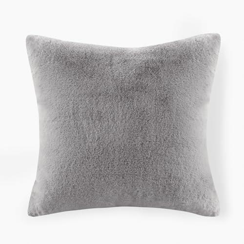 Croscill Décor Pillow, Luxurious Long Faux Fur Plush Removable Cover with Brand Insignia Zipper, All Season & Skin Friendly Poly Filling Décor Pillow Insert, Sable, Square, 20x20, Grey