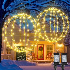 Joomer 2 Pack Christmas Ball Lights, 13IN & 11IN Foldable Metal Sphere Light, Connectable Waterproof 8 Modes with Timer, Hanging Tree Globe Lights for Holiday Christmas Decorations (Warm White)