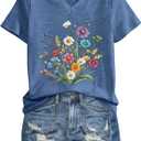 Womens Graphic T Shirts V Neck Vintage Tees Floral Tops Teacher Shirts Blue (Blue, XL)