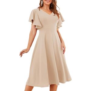 Bridesmay Women's Formal Wedding Guest Dress for Women 2026 Short Sleeve Fit and Flare Tea Party Dresses (Beige, XXXL)