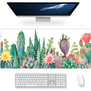 Extended Large Gaming Mouse Pad Watercolor Cactus XXL Size Keyboard Mouse Mat Desk Pad with Non Slip Rubber Base Stitched Edges Office Decor for Women Girls Men,35.4 x 15.7inch
