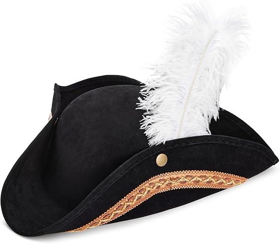 Juvale Adult Tricorn Pirate Hat with Feather for Halloween Outfit - Black Pirate Hat for Colonial Revolutionary History Theme Birthday & Halloween Party Costume 15 x13 x 3.5 In