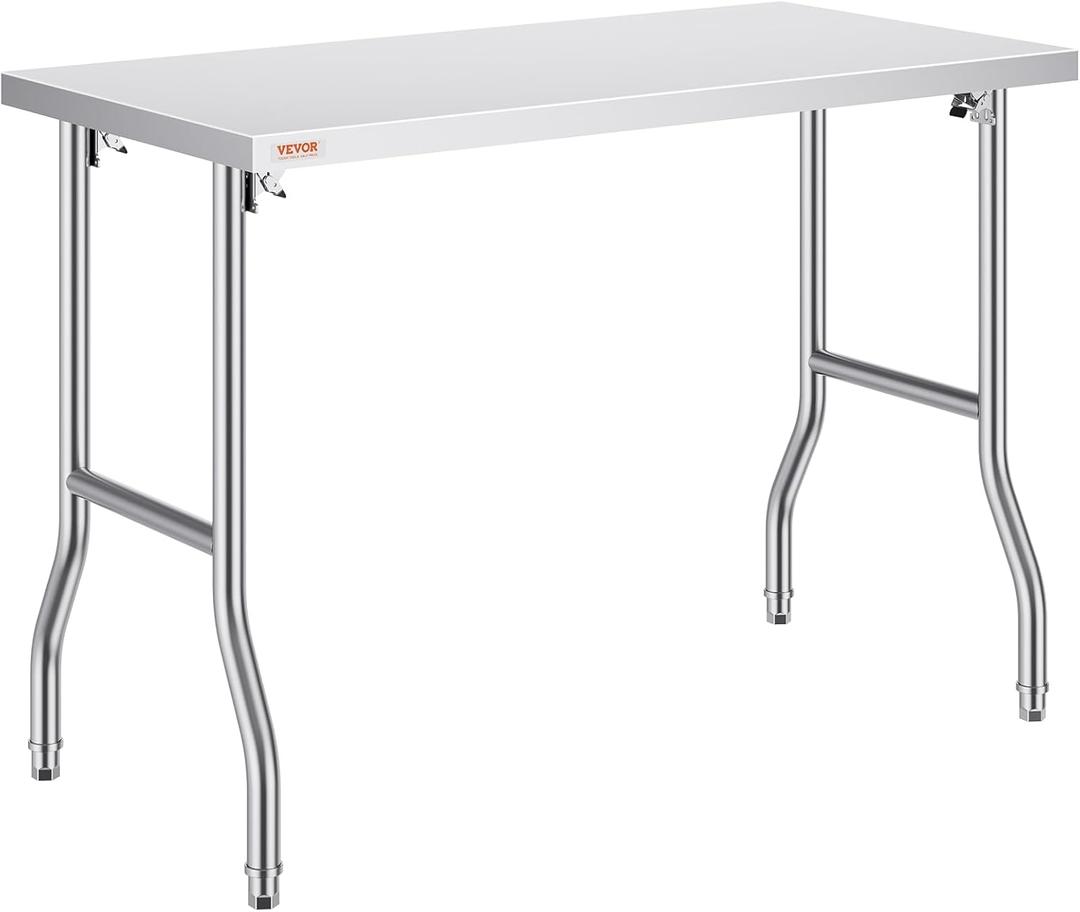 VEVOR Commercial Worktable Workstation 48 x 24 Inch Folding Commercial Prep Table, Heavy-duty Stainless Steel Folding Table with 661 lbs Load, Kitchen Work Table, Silver Stainless Steel Kitchen Island