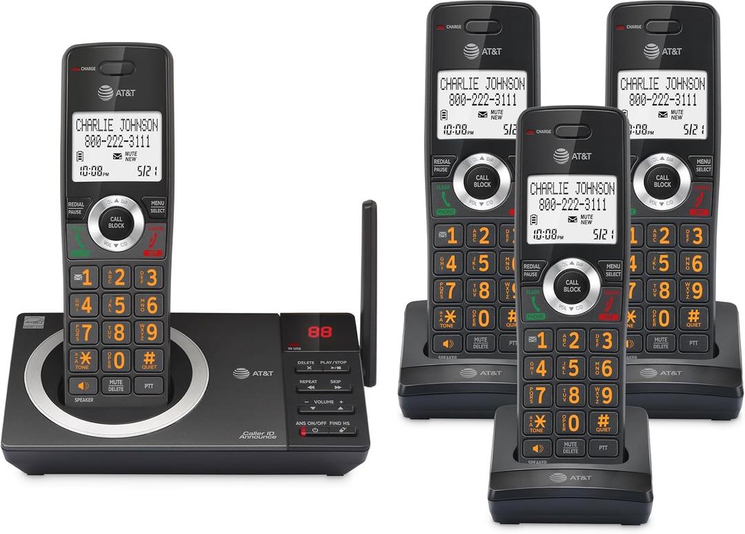 AT&T 4-Handset Expandable DECT 6.0 Cordless Home Phone with Large Display, Big Buttons, Answering Machine, Smart Call Blocker, Long Range, Caller ID, Speakerphone, Intercom: CL82418 (Charcoal Black)
