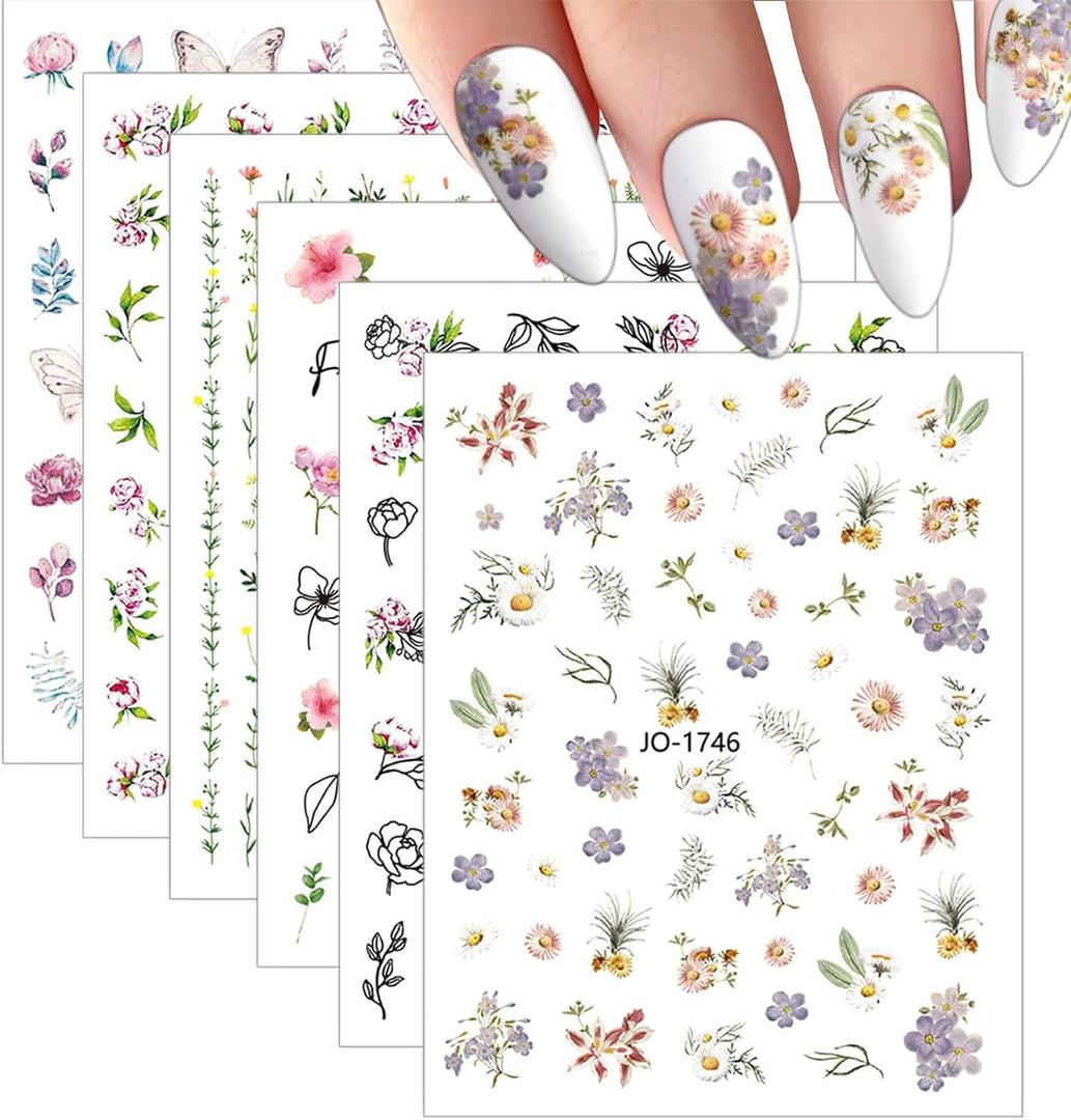 12 Sheets Flower Nail Stickers - Self Adhesive Spring Nail Stickers for Nail Art - Wildflower Daisy Butterfly Design for Women Nail Art Decorations Supplies