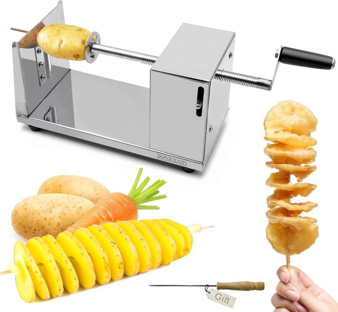 RioRand Manual Spiral Potato Cutter, Stainless Steel Tornado Twister with Blades for Curly Fries, DIY Potato Slicer for Home Kitchen, BBQ, Carrots, Cucumbers (Silver)