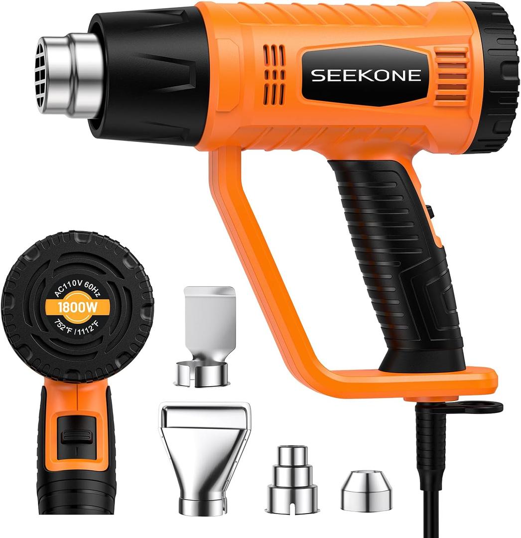 SEEKONE Heat Gun 1800W Heavy Duty Fast Heat Hot Air Gun Kit with 752&1112400-600 Dual-Temperature Settings and 4 Nozzles with Overheat Protection for Crafts, Shrinking PVC, Stripping Paint, Orange