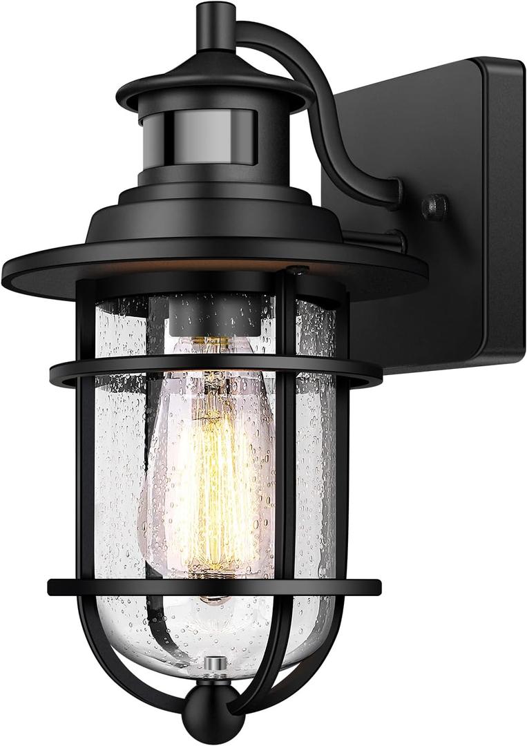 Motion Sensor Outdoor Wall Lantern Dusk to Dawn Waterproof Exterior Wall Sconce with Seeded Glass Black Wall Mount Light Fixture for Porch Doorway Garage, E26 Socket, Motion Activated (1 Pack)