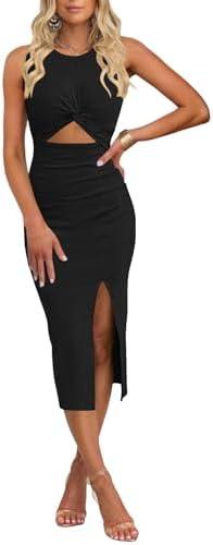 oten Women's Casual Sleeveless Cutout Twist Front Side Slit Ribbed Knit Party Bodycon Midi Dresses, Size S