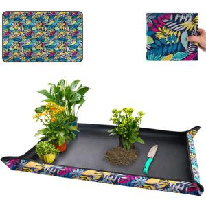 Extra Large Repotting Mat for Indoor Plants Transplanting and Dirt Control, Foldable Waterproof Succulent Potting Mat, Gardening Gifts for Plant Lovers (43.5"x29.5") (Colorful Leaf Print)
