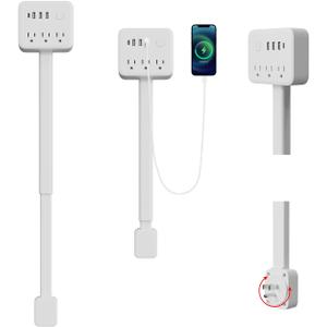 Electrical Outlet Extender Stick, 18"-28" Extendable Power Strip with 180 Rotating Plug, 2 USB-A, 1 USB-C, 3 AC Outlets, Wall Plug Extender for Behind Couch, Sofa, Nightstand