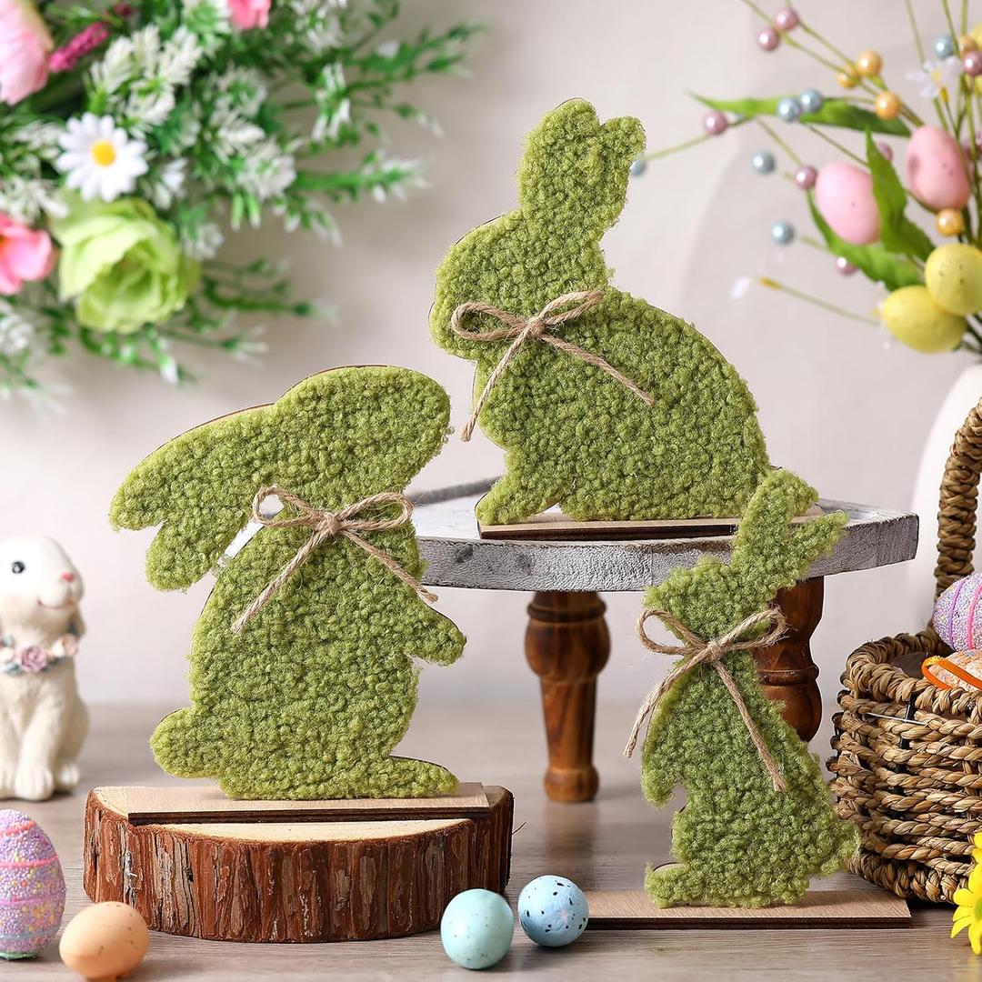LemonRoad 3 Pcs Green Moss Easter Bunny Decor Soft Plush Rustic Rabbit Statues for Spring Table Centerpiece, Tiered Tray, Home Office Indoor Outdoor Easter Decorations
