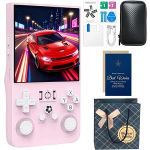 MYCHA R36MAX Retro Handheld Game Console Christmas Set with Gift Card & Bag,4 inch HD IPS Screen 128GB 21000+Classic Games,Portable Gift for Gamer (Pink Set)