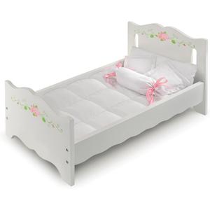 Badger Basket Wooden Doll Bed with Blanket and Pillow with Free Personalization Kit - Fits 18" to 20" Dolls - Ideal for Baby Dolls and Pretend Play Fun - White and Pink Rose Design