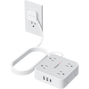 TESSAN Surge Protector Power Strip, 10 Ft Flat Plug Extension Cord with 3 USB (1 USB C) 8 Outlets, 1250W, 900J Protection, 3 Sided Outlet Extender with Power Switch for Office, Dorm Room, Grey