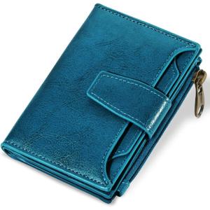 Small Wallet Women RFID Blocking Soft Leather Bifold Compact Card Holder Wallet for Women with Zipper Coin Pocket 4 ID Window (Peacock Blue)