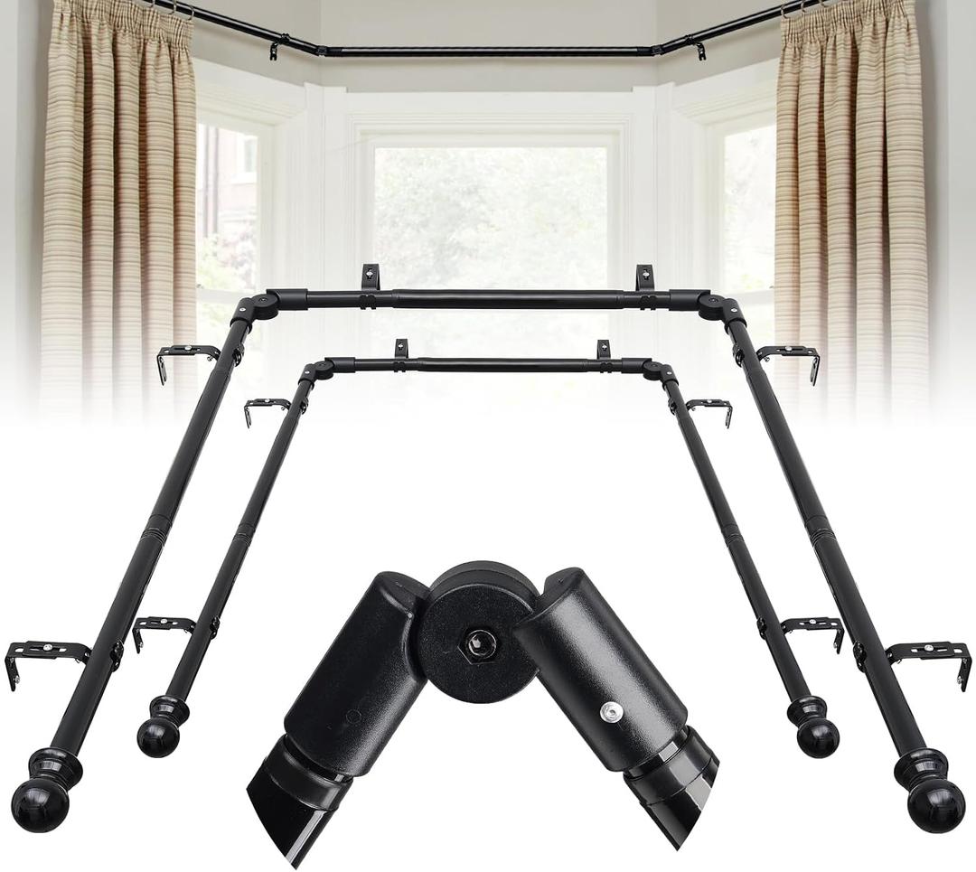 Bay Window Curtain Rods, 2PCS 1 Inch U Shaped Adjustable Curtain Rods for Bay Windows 59 to 184 Inches, Heavy Duty Curtain Rods with Brackets for Bedroom, Living Room Curtains, Black
