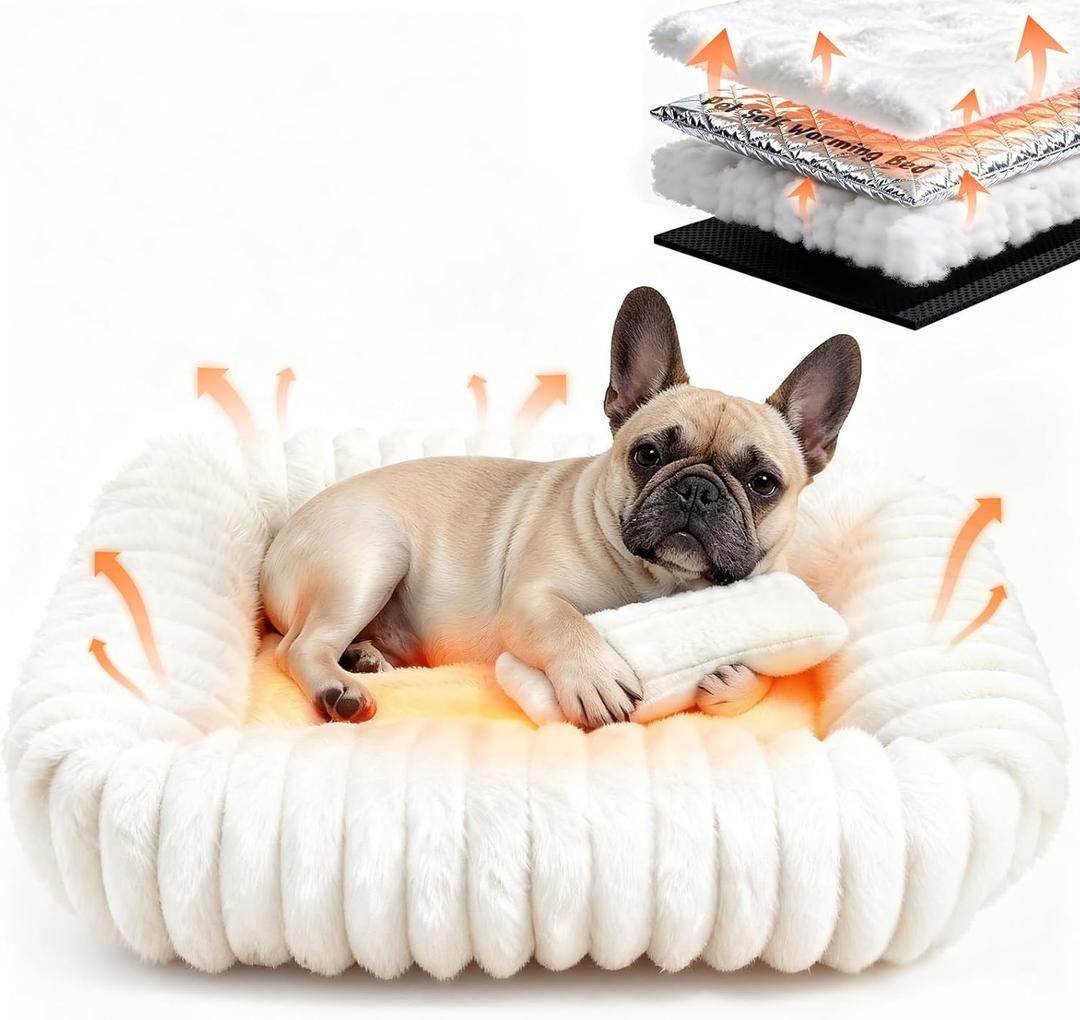 Dog Bed for Small Medium Size Dog, Washable Self Warming Dog Cat Beds for Indoor Cats Fluffy Rabbit Fur Pet Bed for Puppy and Kitten, Orthopedic Dog Cat Beds with Removable Cover & Anti-Slip Bottom (White Square)