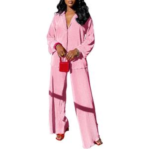 kaimimei Casual 2 Piece Outfit for Women - Linen Long Sleeve Button Down Shirt + Flare Pleated Wide Leg Pants Sets Streetwear, Size XL