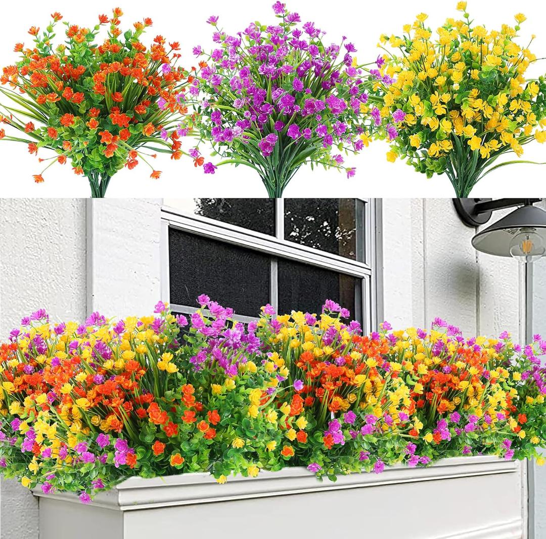 Sggvecsy Artificial Flowers for Outdoors 12 Bundles UV Resistant Boxwood Shrubs Artificial Eucalyptus Fake Plants Faux Plastic Greenery for Farmhouse Garden Home Indoor Outdoor DecorationMixed