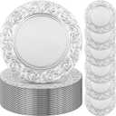 Zhehao 50 Pcs Antique Charger Plates Bulk 13 Inch Embossed Rim Plastic Decorative Round for Dinner Wedding Party Event Table Setting Decoration(Silver White)