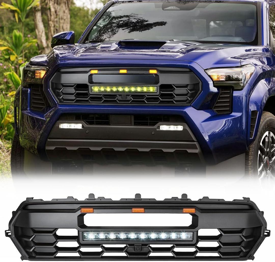 Front Grille For Tacoma 2024 2025 Hollow Grill with Amber Lights and Dual Color LED Light Bar Matte Black Front Bumper