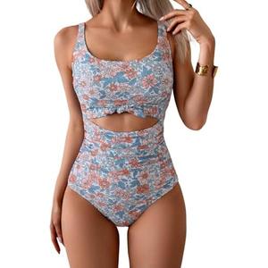 Eomenie Women's One Piece Swimsuit Tummy Control Slimming Bathing Suit Cutout Tie Knot Swimwear M Orange Floral Printed