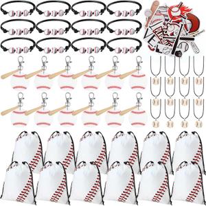 Cholemy 98 Pcs Baseball Party Favors Acrylic Baseball Key Chain with Wooden Bat Baseball Gifts for Team Baseball Drawstring Bag Stickers Charm Bracelets Necklace for Sports Baseball Party Supplies