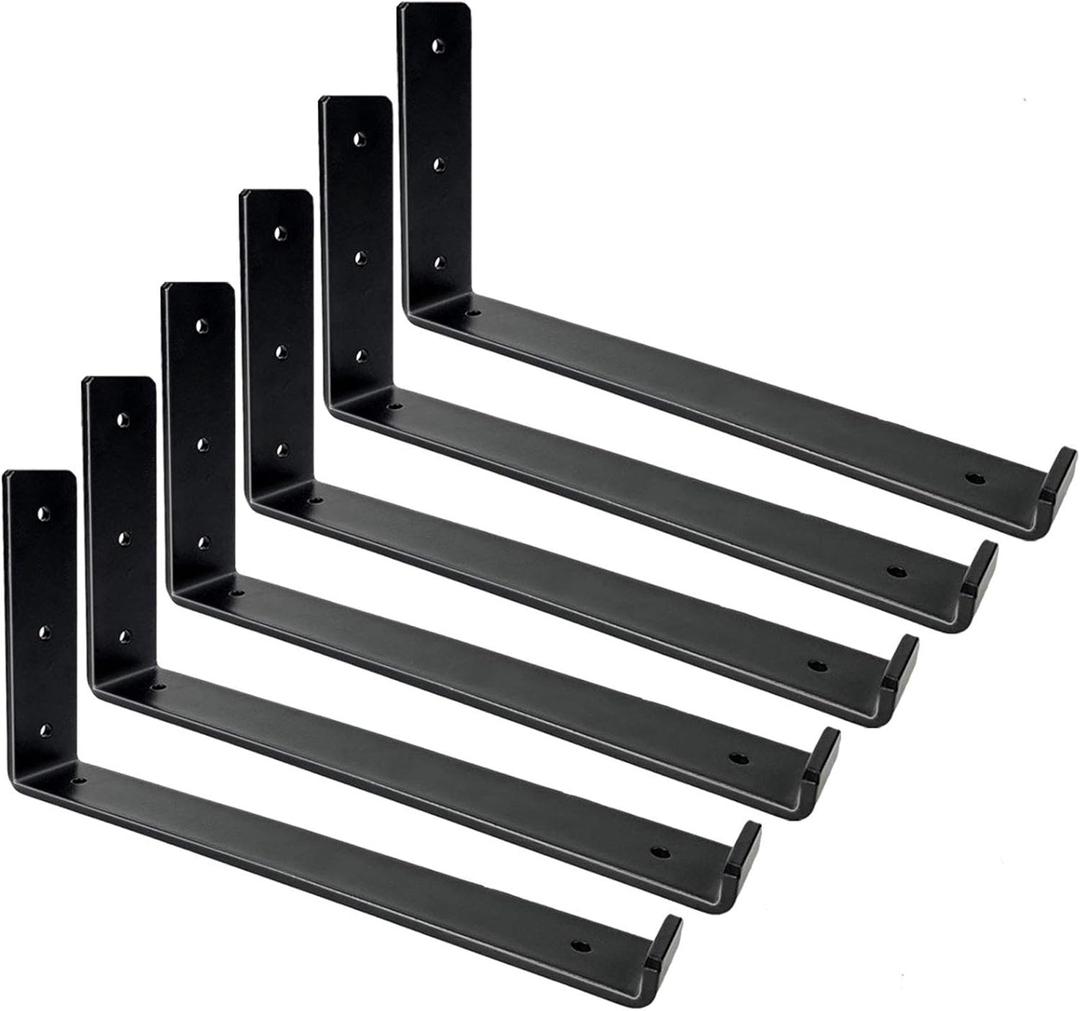 Shelf Brackets 12 Inch, Heavy Duty Black Metal Floating Shelf Bracket, Rustic Farmhouse Decorative Iron L Bracket with Lip/Hook, J Brackets Wall Angel Corner Brace for Wood Shelves - 6 Pack